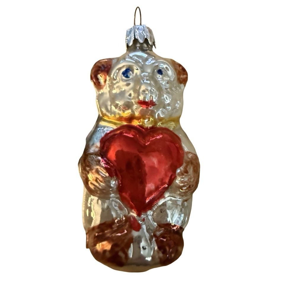 Handblown German Glass Bear With Heart Ornaments Handcrafted